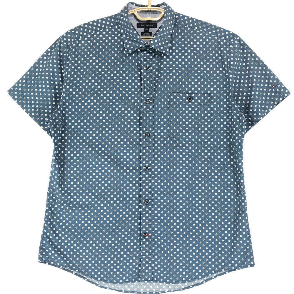 Tommy Hilfiger Men's XL Custom Fit Shirt Blue White Cotton 1 Pocket Short Sleeve